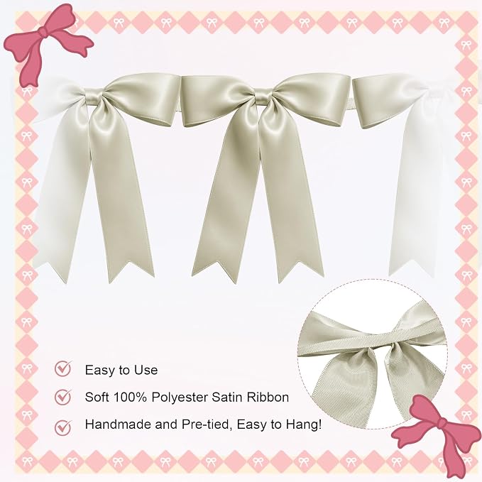 1 String of 8PCS Ivory White Bow Garland Banner Decoration, Pre-Strung Satin - Image 3