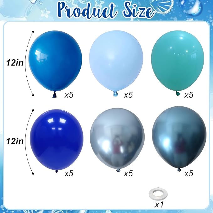Blue Balloon Set, 12 Inch Metallic Chrome Light Royal Baby Dark Sky Matte - Image 2