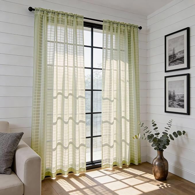 SpaceDresser Check Sheer Curtains 72 Inches 2 Panels Set, Rod Pocket Plaid - Image 4