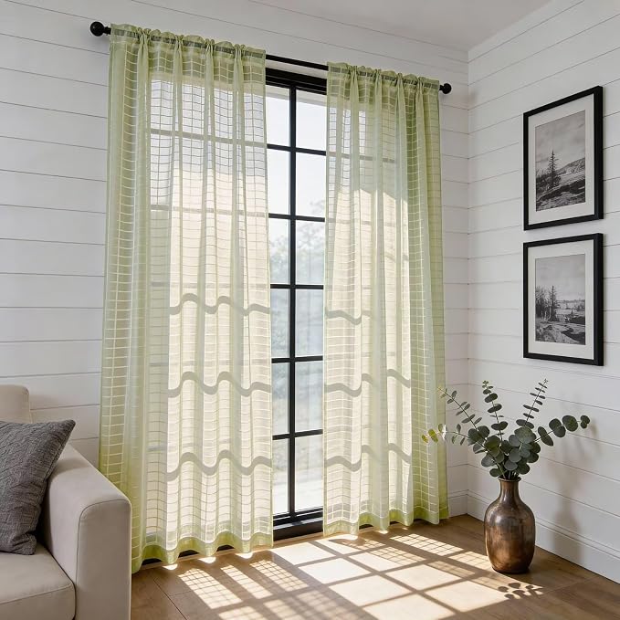 SpaceDresser Check Sheer Curtains 84 Inches 2 Panels Set, Rod Pocket Plaid - Image 4