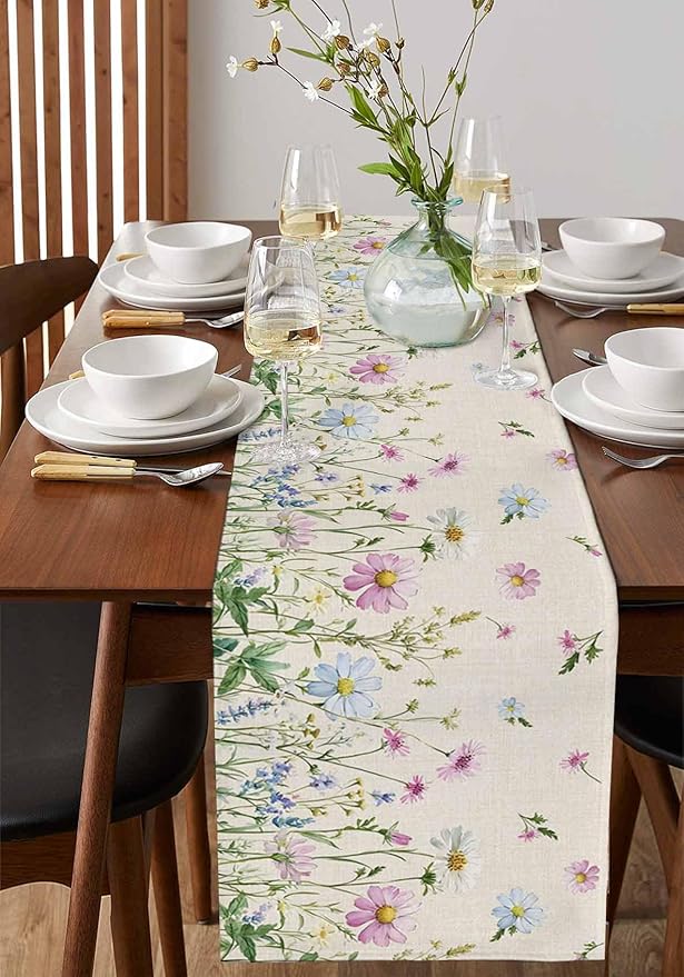 Vintage Wildflowers Cotton Linen Table Runner for Dining Kitchen, Wedding Outdoor Party Tablerunners Decoration, Farm Floral Pink Botanical Plants Dresser Scarf Coffee Tablecloth Runners 13x72 Inches