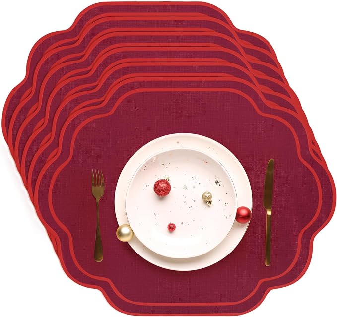 6 Pcs Wine Red Wedding Placemats Scalloped Embroidered Cotton Linen Placemats by Breling
