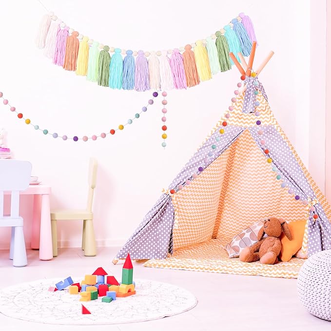 2 PCS Rainbow Boho Tassel Garland, 6.5 Feet Pom Pom Tassel 20 Felt Balls - Image 5