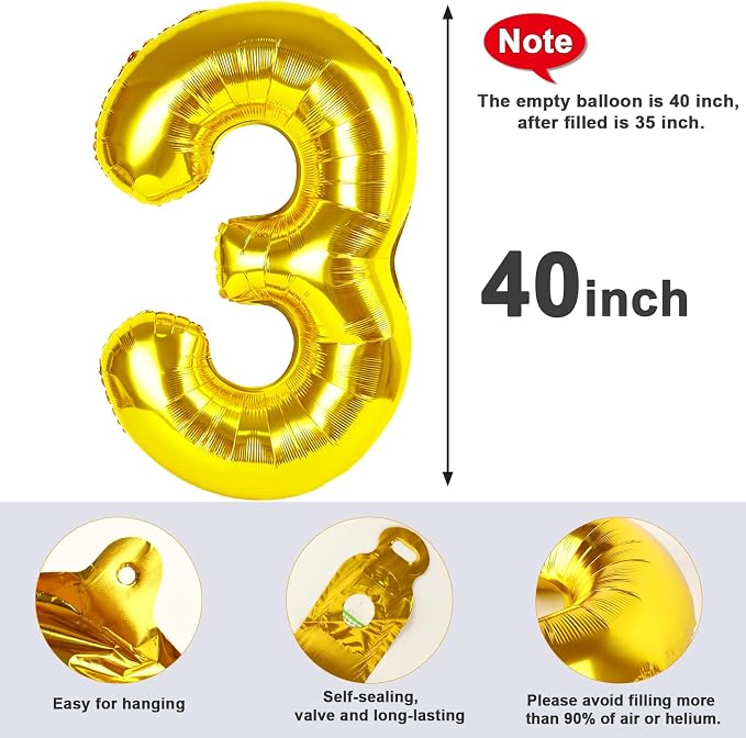 3 Balloon Numbers Birthday Decorations, 40In Gold Balloons - Image 5