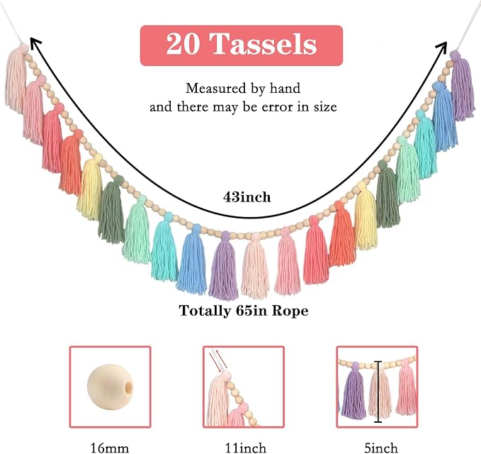 Rainbow Pastel Yarn Wood Bead Tassel Garland Wall Hanging Decor Boho Preppy - Image 2