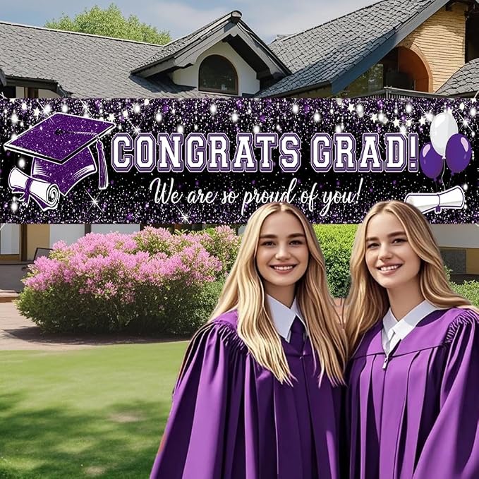 Purple Graduation Decorations, Congrats Grad Graduation Banner Glitter Purple - Image 5
