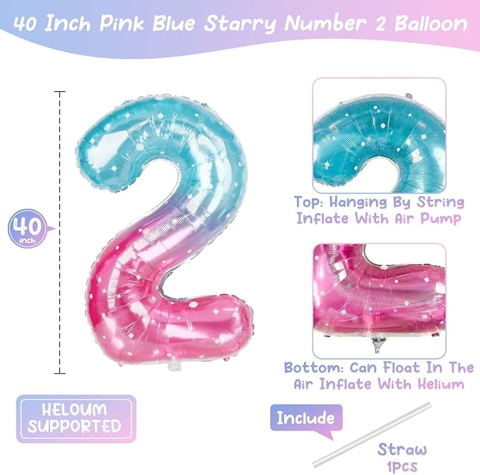 40 Inch Pink Blue Number 2 Balloon, Large Gradient Pink Blue Mylar Foil Number - Image 4