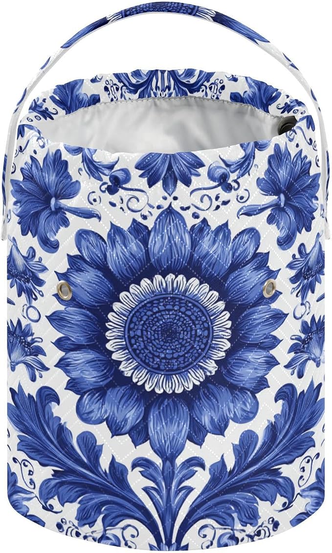 Sunflowers Blue and White Leaves Yarn Bag Small Crochet Bag Drawstring Yarn - Image 2