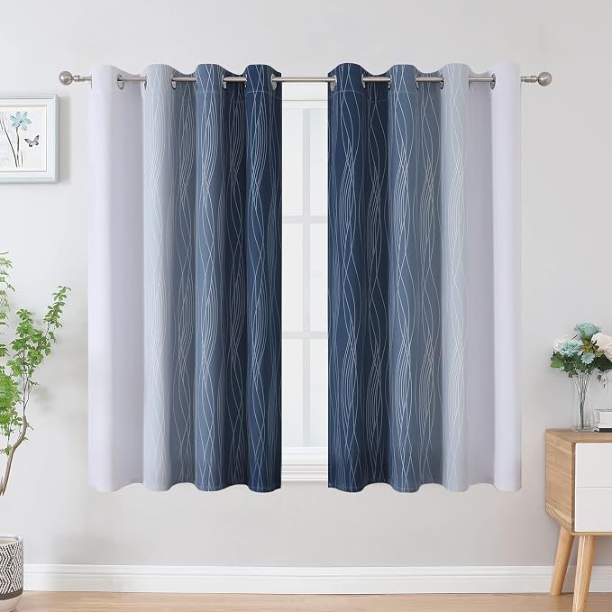 Full Room Darkening Greyish White and Navy Blue Blackout Curtains 45 Inch - Image 2