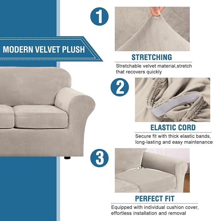H.VERSAILTEX Modern Velvet Plush 4 Piece High Stretch Sofa Slipcover Sofa Cover - Image 3