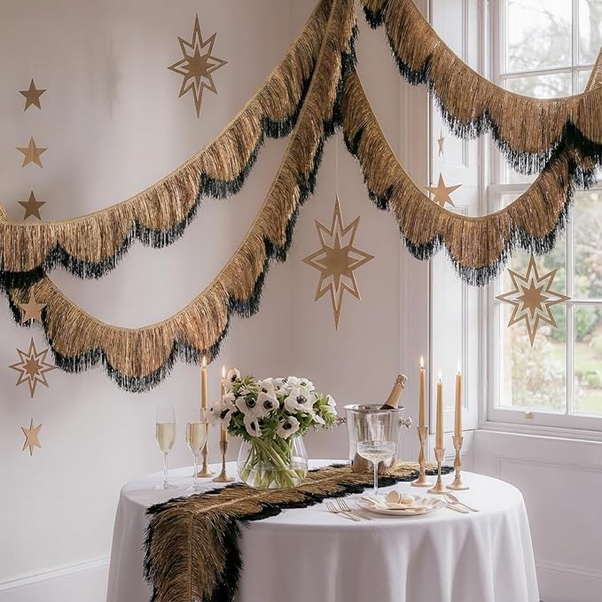 1 Pack Black & Gold Tinsel Fringe Banner 7FT Double-Layer Wavy Tassel Garland - Image 7