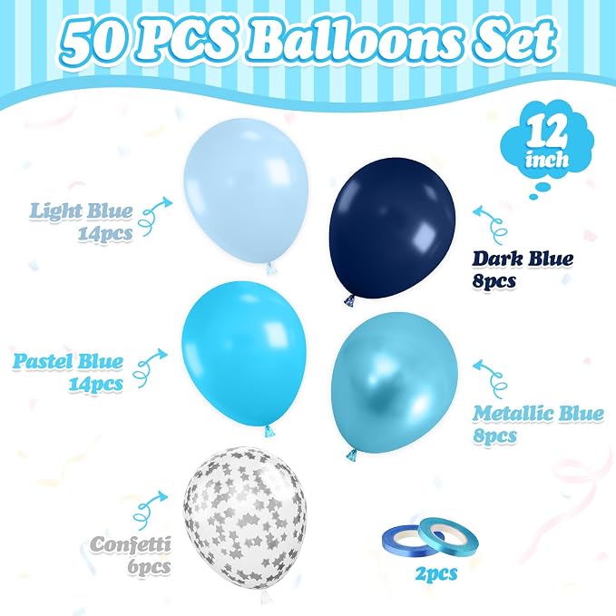 FunHot Blue Balloons, 12 Inch Metallic Silver Star Confetti Latex Balloons - Image 2