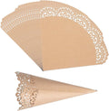PATIKIL Wedding Confetti Cones, 50 Pcs Paper Tapers Hollow Print Lace Cone Bouquet for Party Candy Gift Boxes Chocolate Bags Buffet Bachelor Party Petals, Brown
