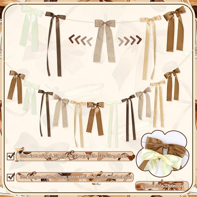 Brown Plaid Bow Garland Banner, Espresso Martini Theme Bow Garland Gingham - Image 3