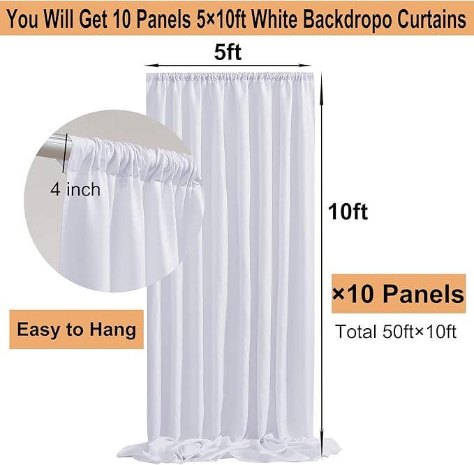 50ft x 10ft Thick Ivory Backdrop Curtains for Parties, 10 Panels 5ft x 10ft Non See Through Ivory Polyester Wedding Drapes Photo Backdrop for Birthday Party Graudation Photography Home Decor