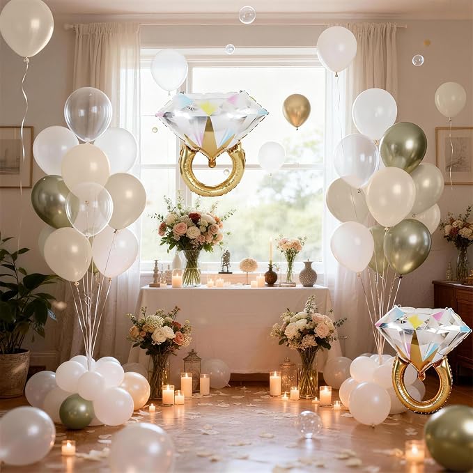 Gold and White Diamond Ring Balloons, Pearl White Beige Gold Double Latex - Image 4