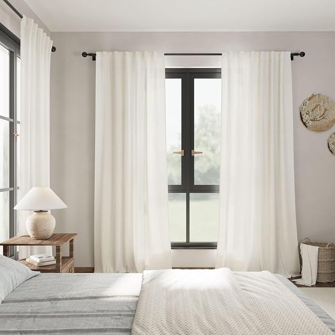 Cream 80 inch Linen Curtains for Doorway Semi Sheer Light Filtering Curtains - Image 7