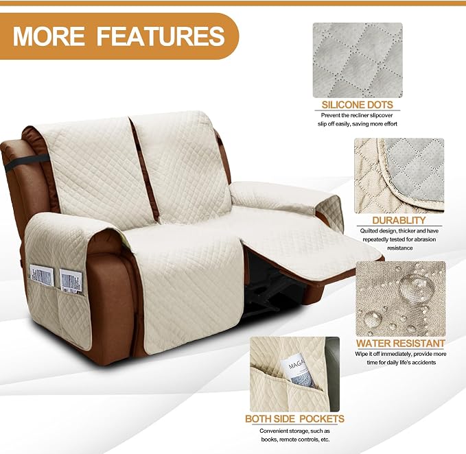 XINEAGE Water Resistant Recliner Cover, 2 Seat Loveseat Covers - Image 2