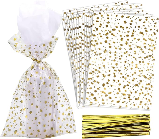 100 Pcs Star Printed 4"X 9" Gift Wrap Cello Cellophane Treat Bags Party Favor by COQOFA