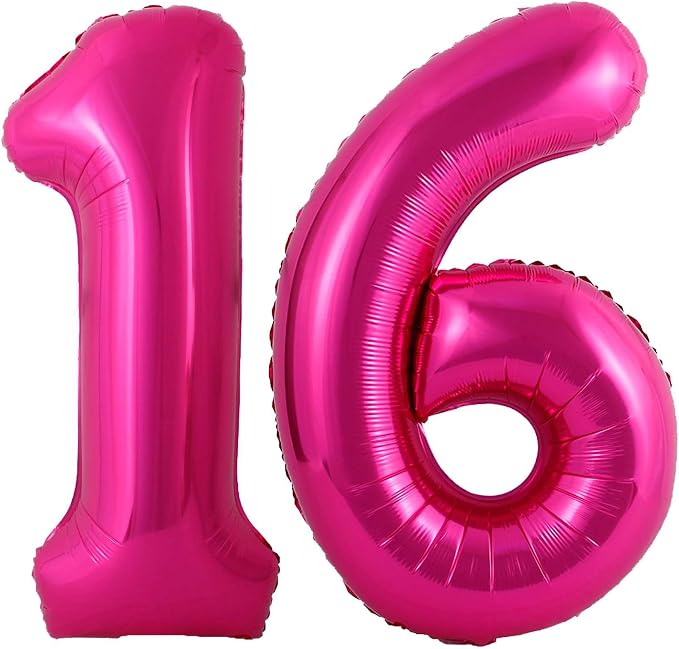 Hot Pink 16 Number Balloons, 40 Inch Giant Number 16 Balloons Foil Mylar Helium by Lovoir
