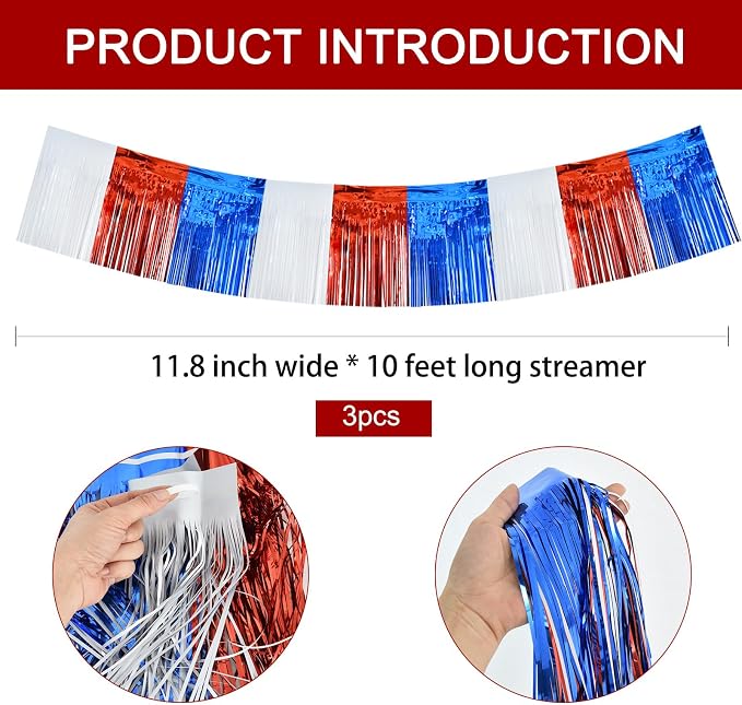 BEISHIDA Red White Blue Fringe Garland Banner Wall Tinsel Foil Streamers | 3Pack - Image 2