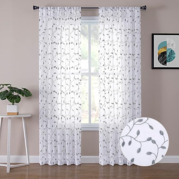 Tollpiz Leaves Sheer Curtains Grey Leaf Embroidery Living Room Curtain Rod by Tollpiz