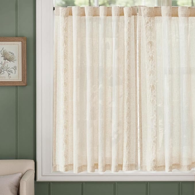 jinchan Ivory Floral Embroidered Linen Kitchen Curtains 54×45 Inch 2 Panels | - Image 5