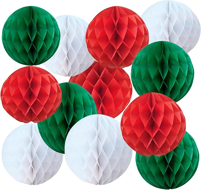 Red White Green, Christmas Paper Honeycomb Balls, 6 and 10 inch Hanging Tissue by Unknown