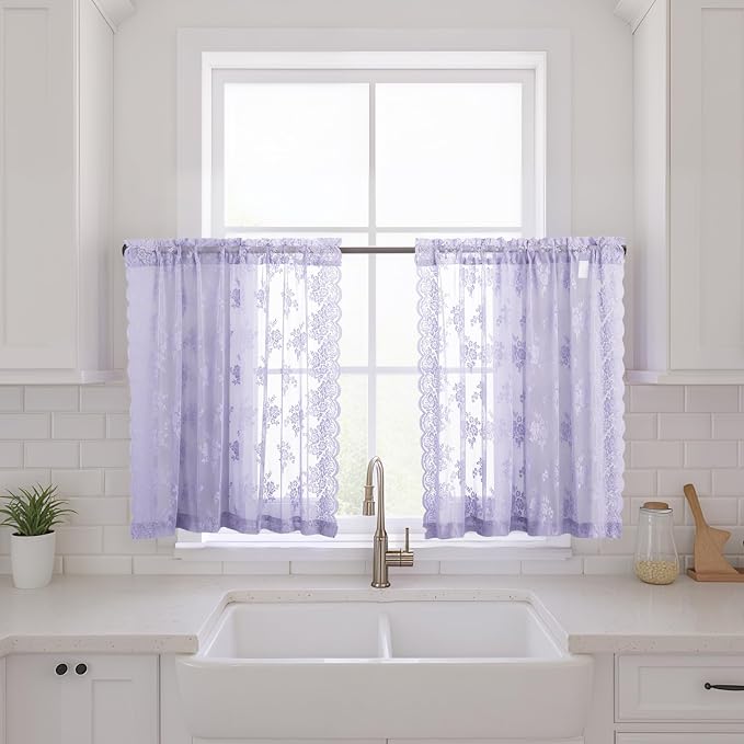 Light Purple Sheer Curtains for Small Windows W42 x L36 Inch, 2 Panels | Rod - Image 3