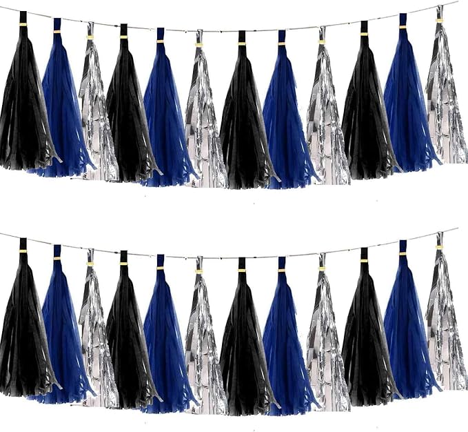 We Moment Black Navy Blue and Silvery Tissue Paper Tassels Party Tassel Garland by We+Moment