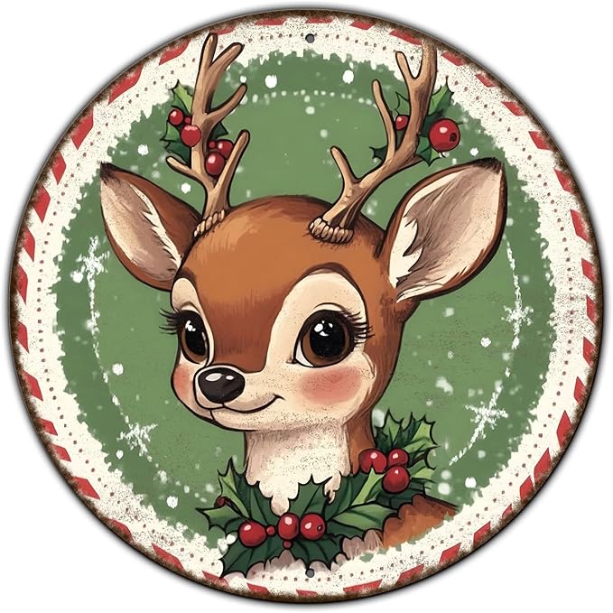 Round Retro Reindeer Metal Tin Sign - Vintage Christmas Decor for Home Coffee Wall - 12 * 12 in