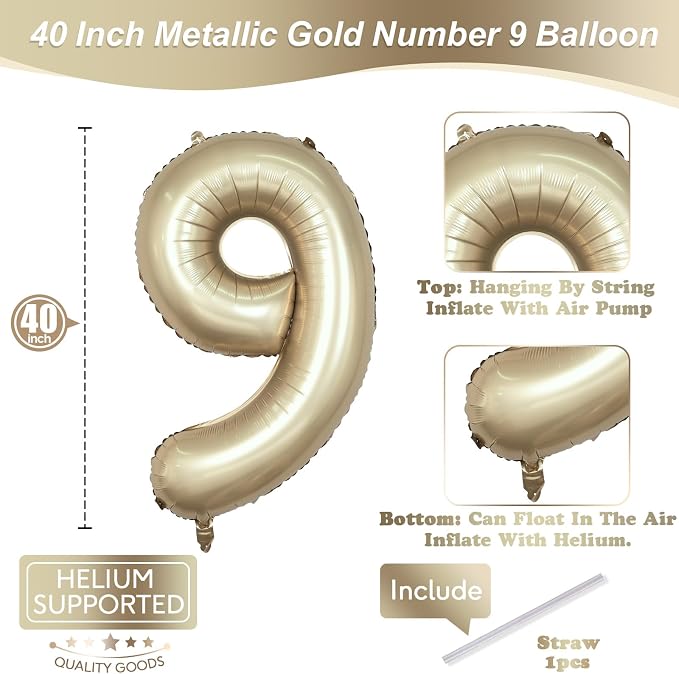 Light Gold Purple Number 9 Balloon, 40 Inch Metallic Gold Foil Number Balloons - Image 2