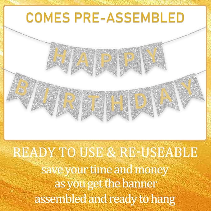 Silver Happy Birthday Banner - 16 ft Pre-Strung Gold & Silver Birthday Party - Image 3
