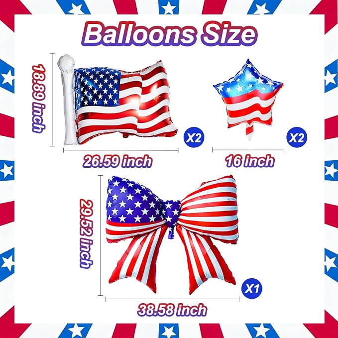 5 PCS 4th of July Patriotic Balloons Set, American Flag Balloons USA Flag Bow - Image 2