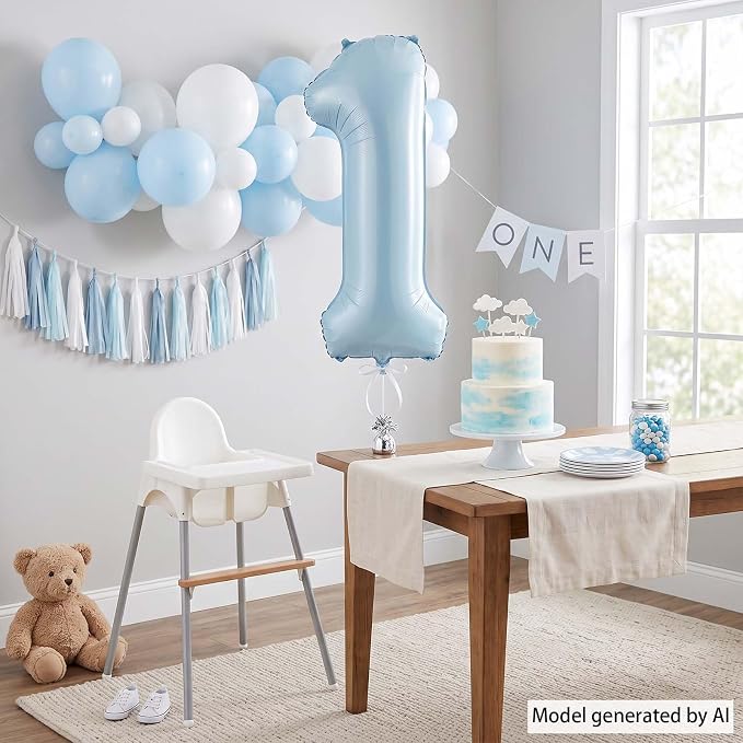 Baby Blue Number 1 Balloon 40 Inch, Foil Sky Pastel Numeral Party Supplies | - Image 7