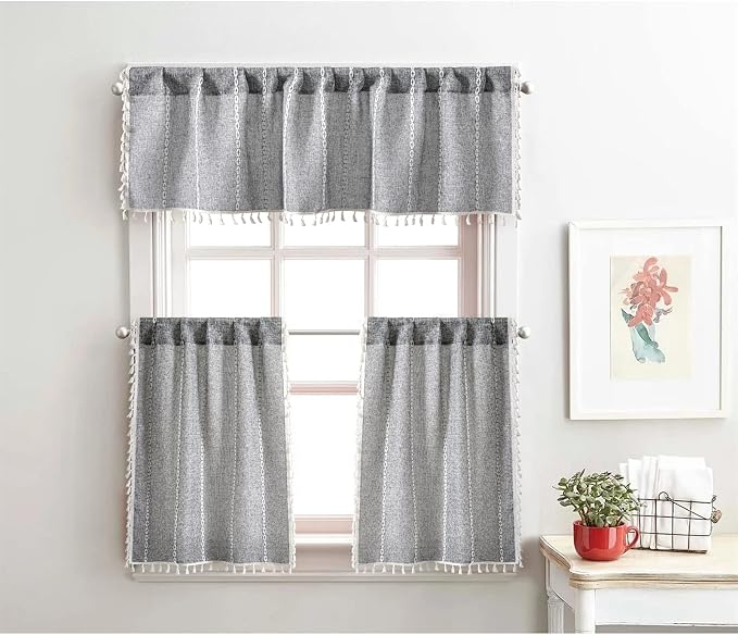 RoomTalks Dark Gray Boho Farmhouse Kitchen Curtains 36 Inch Length French - Image 2