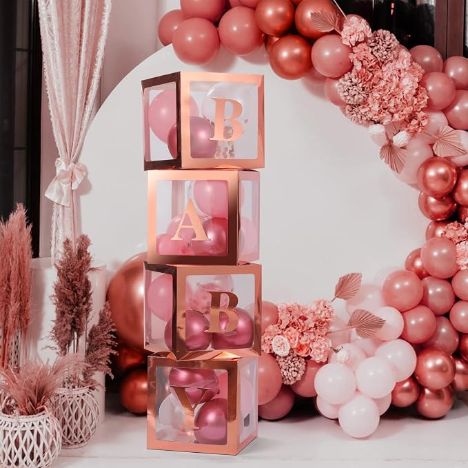Voircoloria Baby Boxes with Letters, Rose Gold, 4 Transparent Balloon Boxes | - Image 3