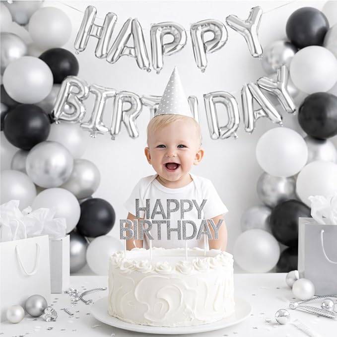Silver Happy Birthday Balloons Banner, 16 Inch Silver Letters Aluminum Foil - Image 4