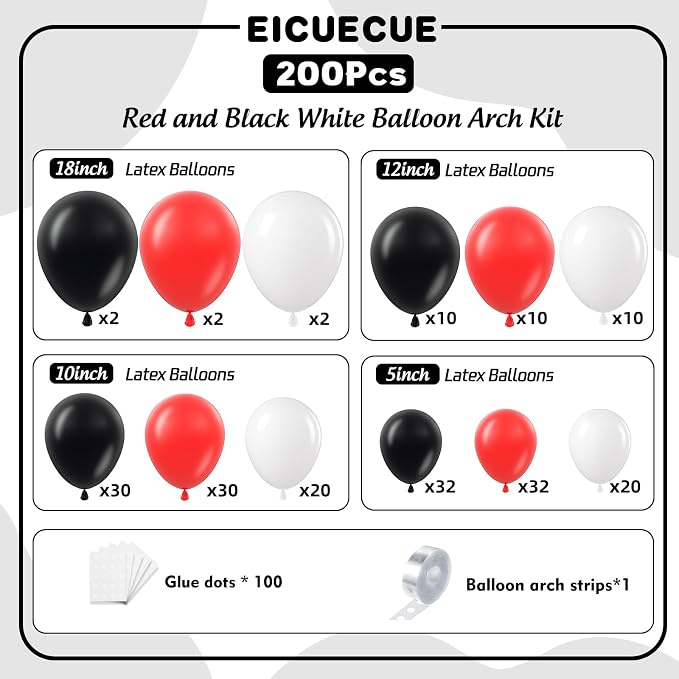 Red and Black White Balloons Garland Arch Kit 200Pcs - Image 2