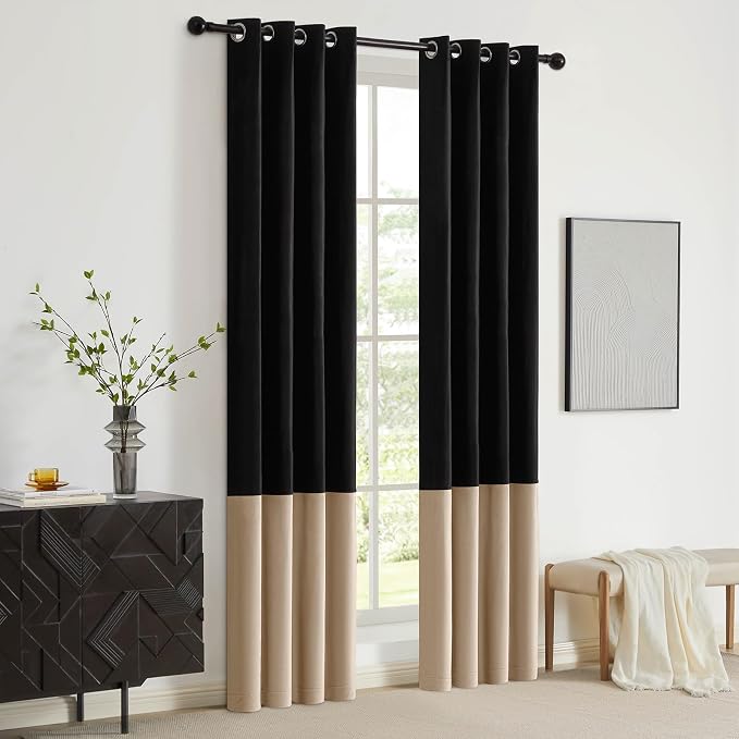Black Beige Velvet Blackout Curtains Luxury Decor 108 inches, Color Block | - Image 5