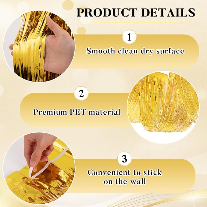 8 Pcs 15ft Gold Metallic Foil Ceiling Fringe Curtains, Party Decor Fringe Drapes - Image 3