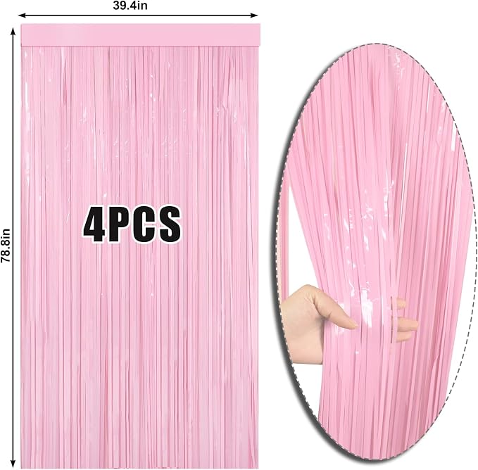 4 Packs Pastel Pink Foil Fringe Curtain, Baby Pink Metallic Tinsel Backdrop - Image 6