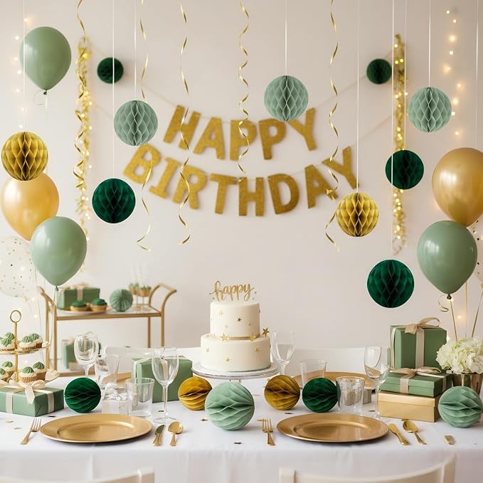 CC wonderland zone 12pcs Sage Green and Gold Paper Honeycomb Balls - Image 2