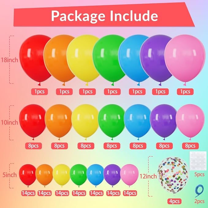 162 Pcs Colorful Rainbow Balloons Arch Kit, Diffrent Size Rainbow Balloon - Image 2