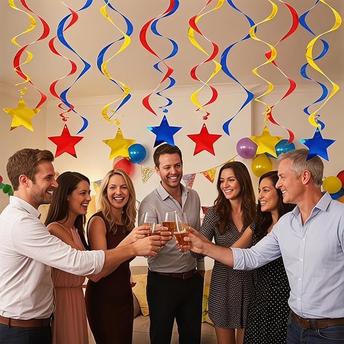 Gold Red Blue Star Hanging Swirl Decorations Ceiling Swirl Foil Decoration - Image 5