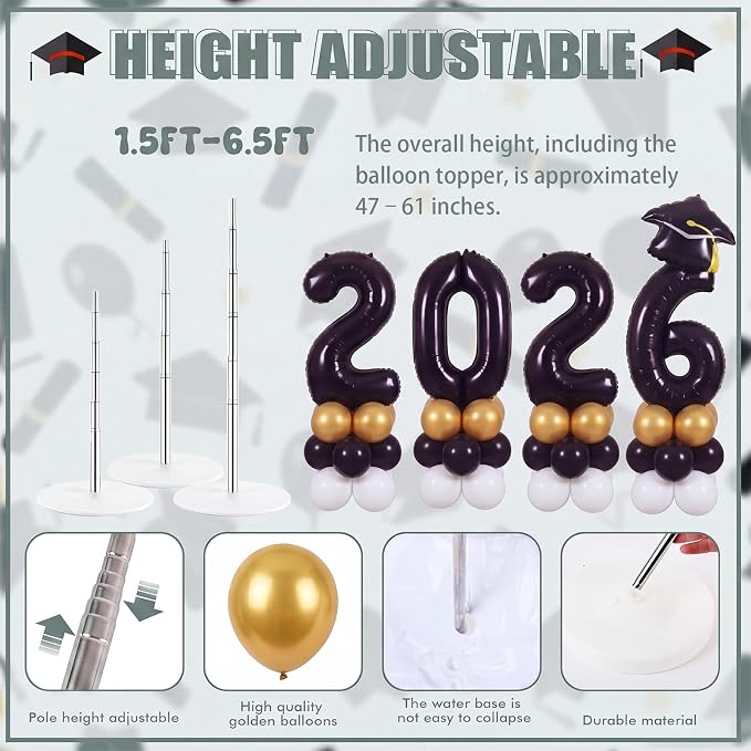 4 Sets 5 ft Graduation 2026 Balloons Column Stand Kit Jumbo Black 2026 Grad Cap - Image 3