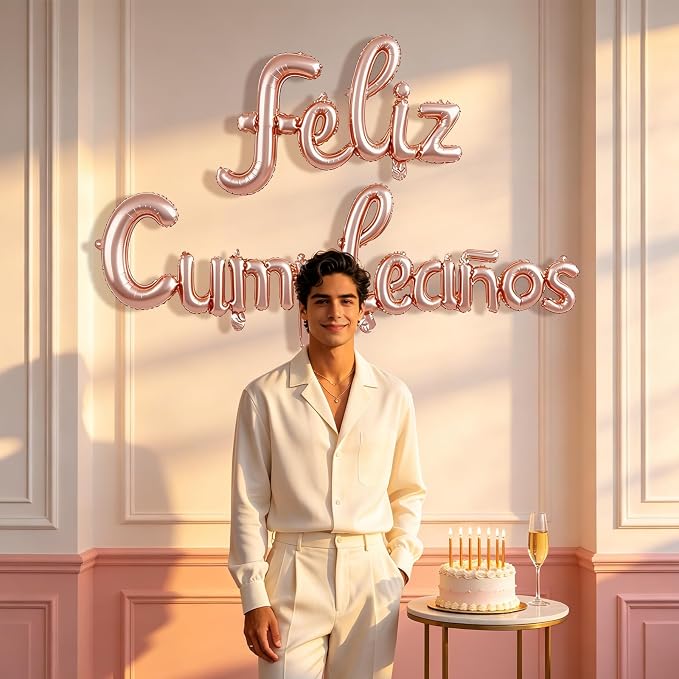 Feliz Cumpleanos Rose Gold Small Letters Conjoined Balloons Feliz Cumpleanos - Image 3