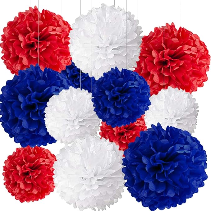 BRZIKWT 12 Pcs Red White and Blue Tissue Paper Pom Poms by Unknown