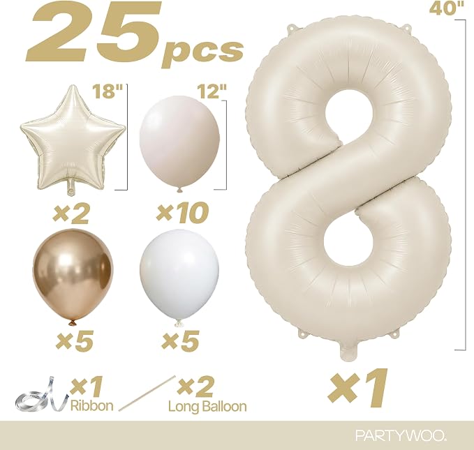 PartyWoo Number Balloons 40 Inch White Number 8 Kit 25pcs - Image 2