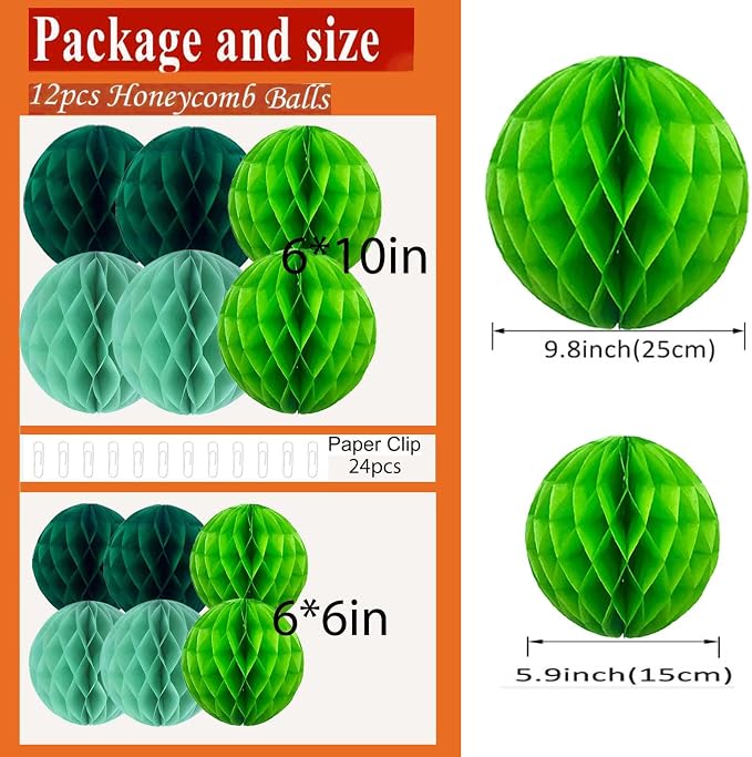 Green Paper Honeycomb Balls, 6 and 10 inch Hanging Tissue Pompoms, 12 Pack - Image 2